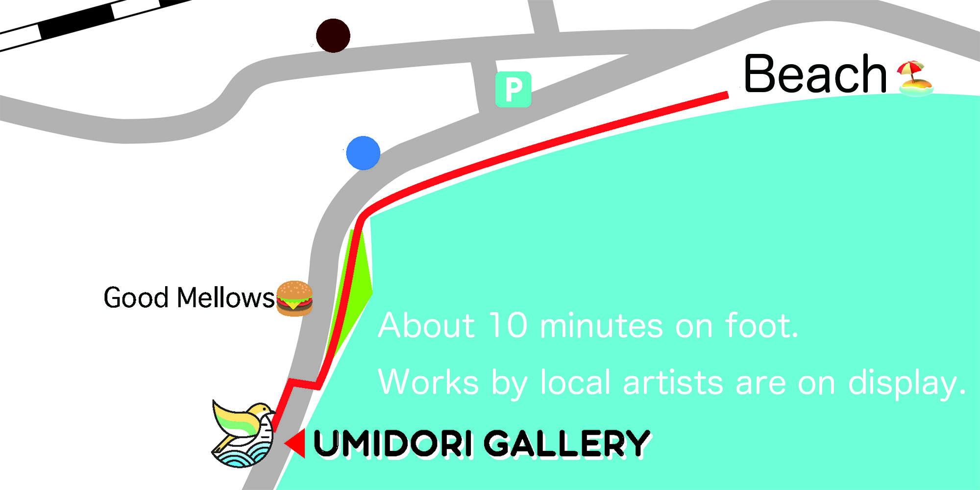 Map from beach to UMIDORI GALLERY
